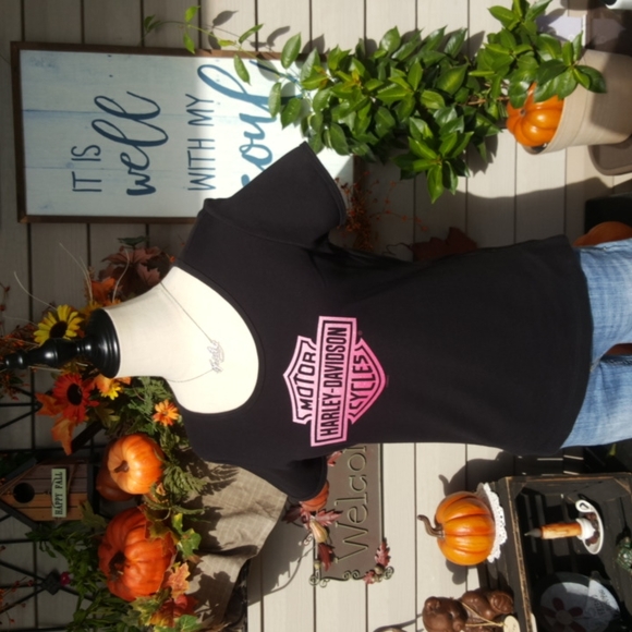 HARLEY-DAVIDSON ♡ Gorgeous Black|Pink Bar 'n Shield Thick Short Sleeve H-D Top M - Picture 4 of 16